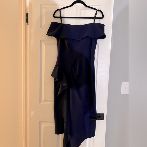 Betsy & Adam Asymmetrical Off-Shoulder Dress in Navy - Picture 3 of 3